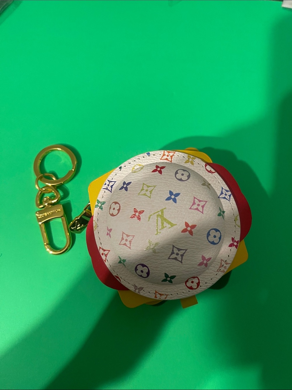 White Multicolor Monogram Round Key Holder with Gold Hardware